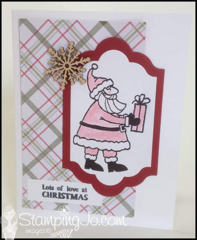 Santa's Gifts, hand stamped, Christmas card, snowflake elements, Merry Moments dsp, Lots of Labels Framelits, Big Shot, watercolor, masking, easy card