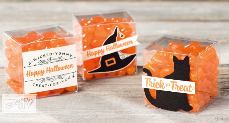 Halloween treat boxes using Clear Tiny Treat Boxes and Spooky Cat stamp set from Stampin Up