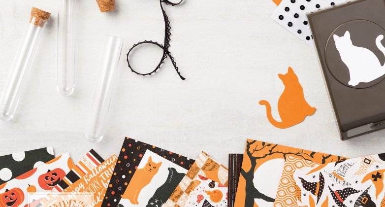 Spooky Night Designer Series Paper, Treat Tubes, Vintage Crochet Trim, Cat Punch & Black Rhinestone Jewels