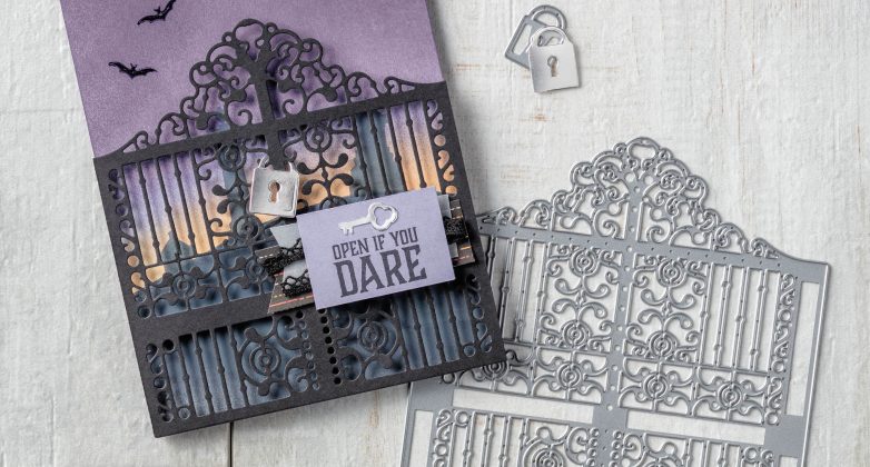 Graveyard Gate stamp set and Detailed Gate Thinlits dies on Glossy White Cardstock