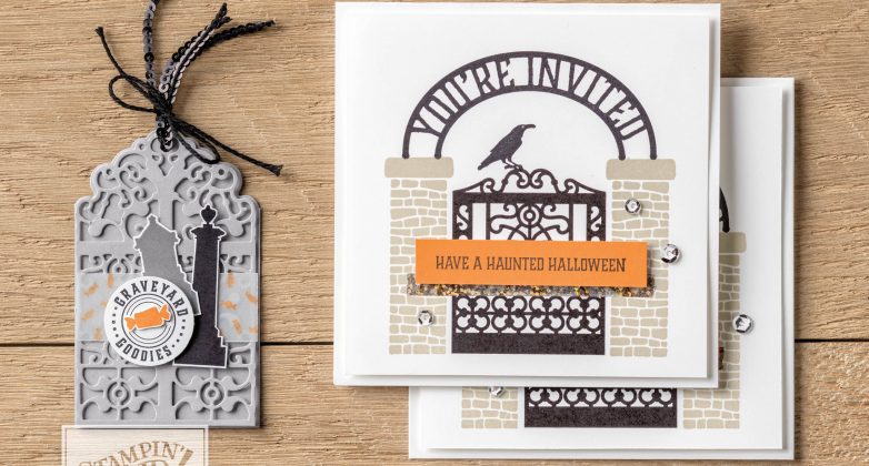 Halloween cards and invites using Graveyard Gate stamp set, new from Stampin Up
